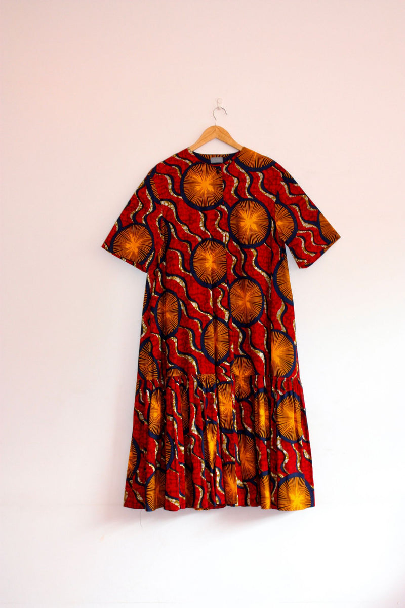 Lokol Midi Tiered Shirt Dress (Red Sun Waves) Ichyulu Lokol Midi Tiered Shirt Dress (Red Sun Waves) Ichyulu