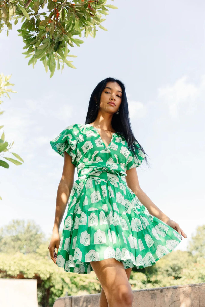 Maisha Block Print Forest Green Holi Dress