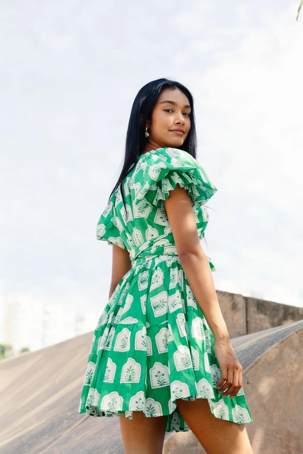 Maisha Block Print Forest Green Holi Dress