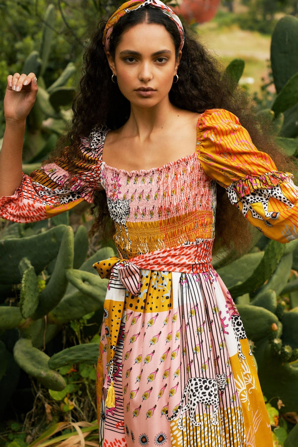 Asha Eleven Multi colour midi length dress made from tencel