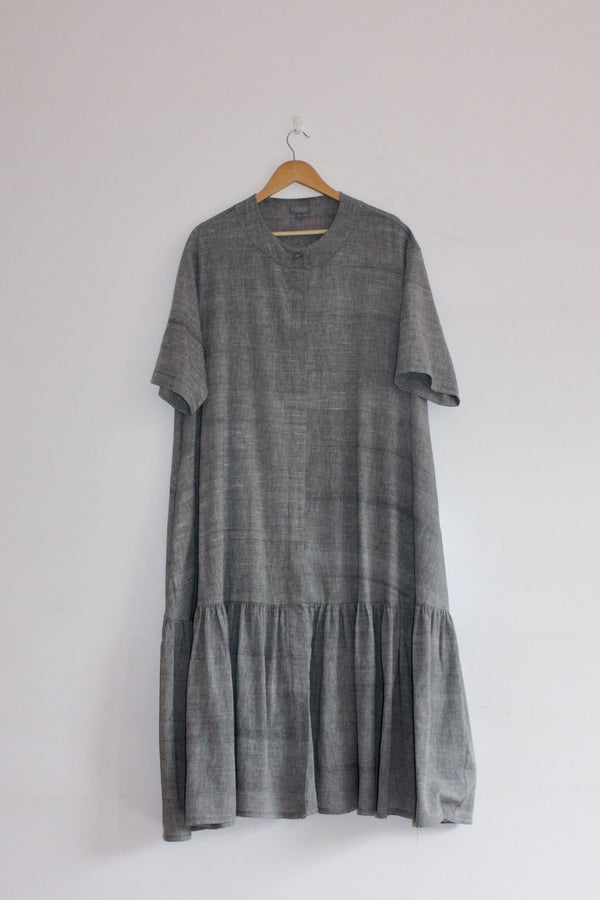 Grey Handwoven Midi Tiered Shirt Dress