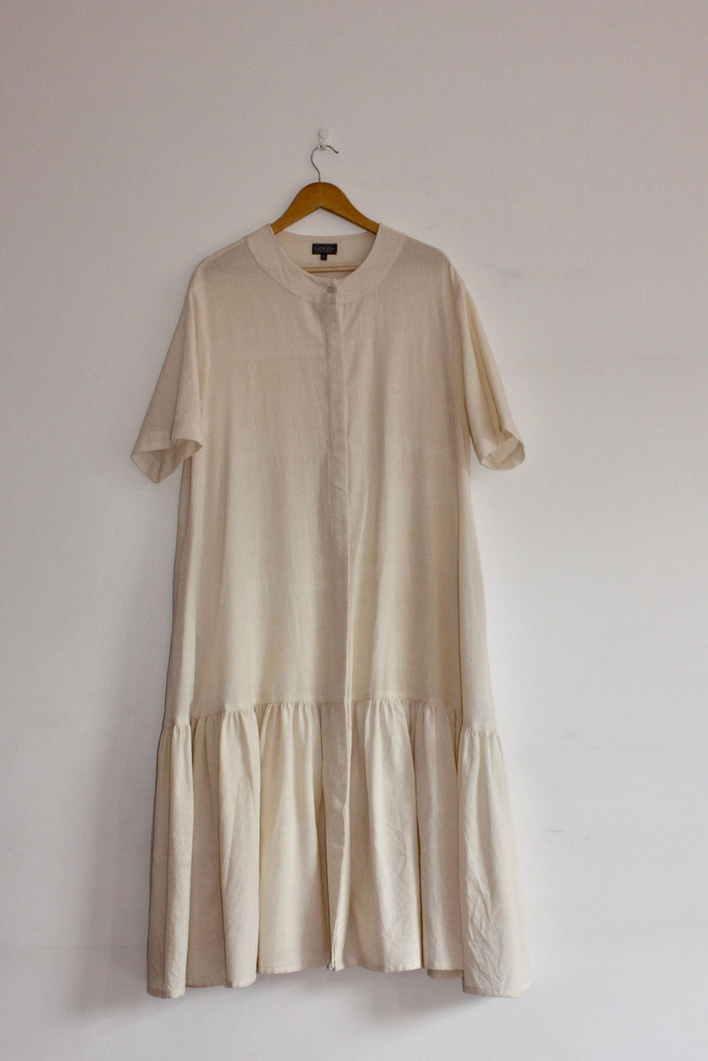 Natural Handwoven Midi Tiered Shirt Dress